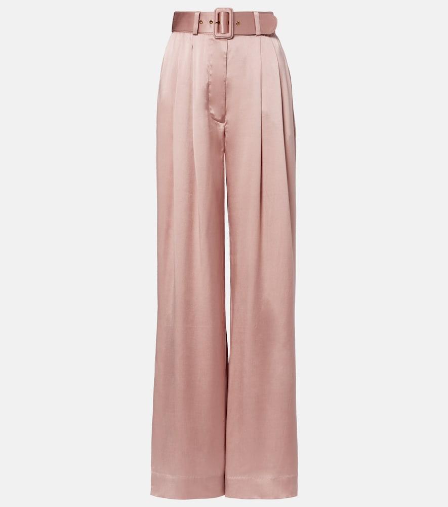 zimmermann belted pleated silk satin wide-leg pants