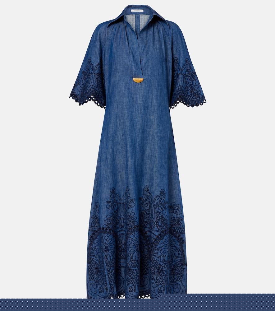 zimmermann coco embroidered denim maxi dress