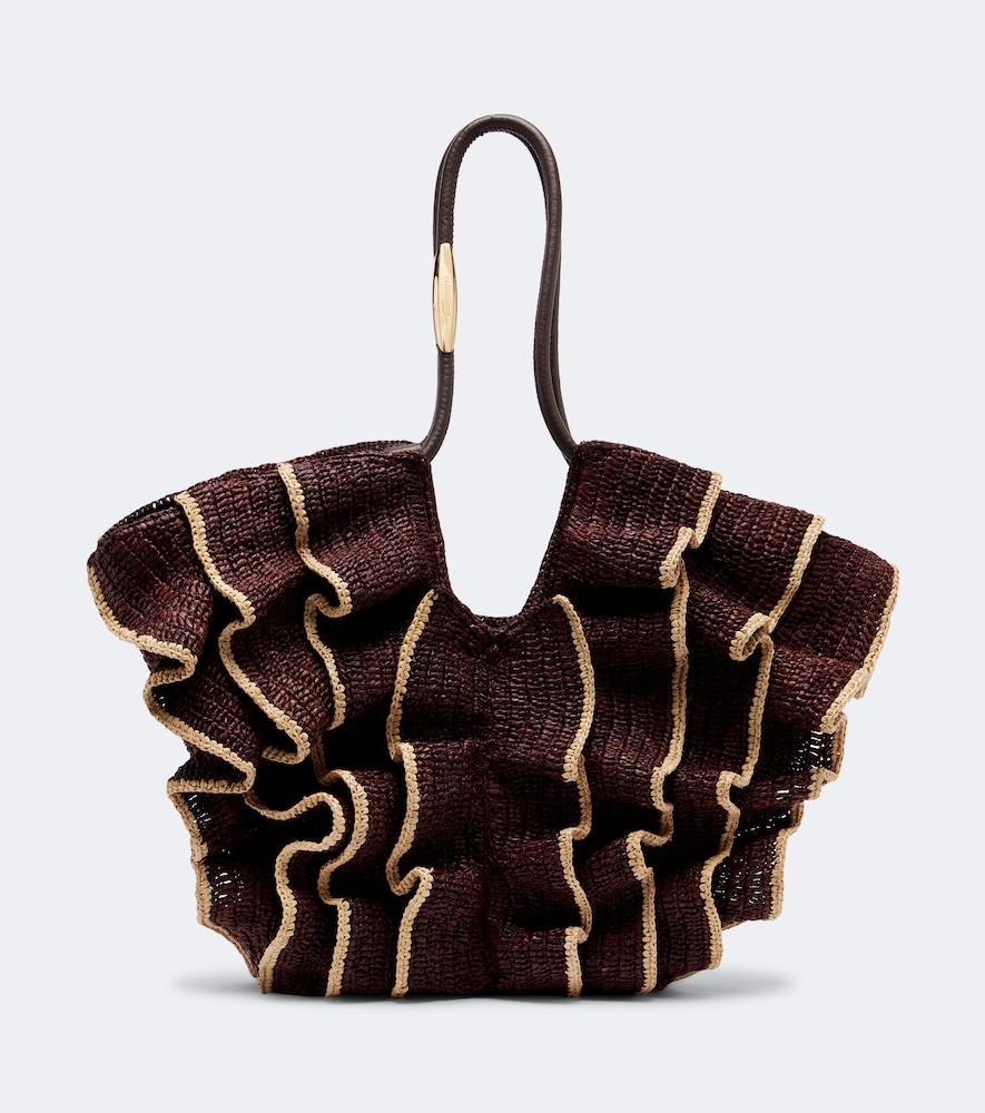 zimmermann goldentime medium ruffled raffia tote bag
