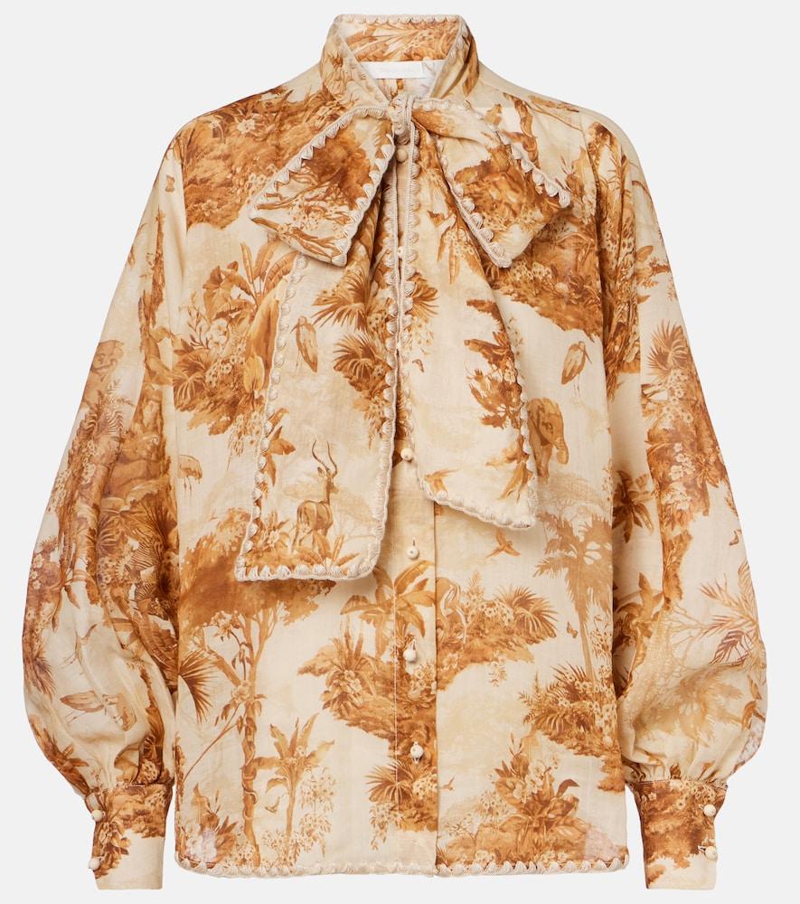zimmermann indra printed tie-neck ramie blouse