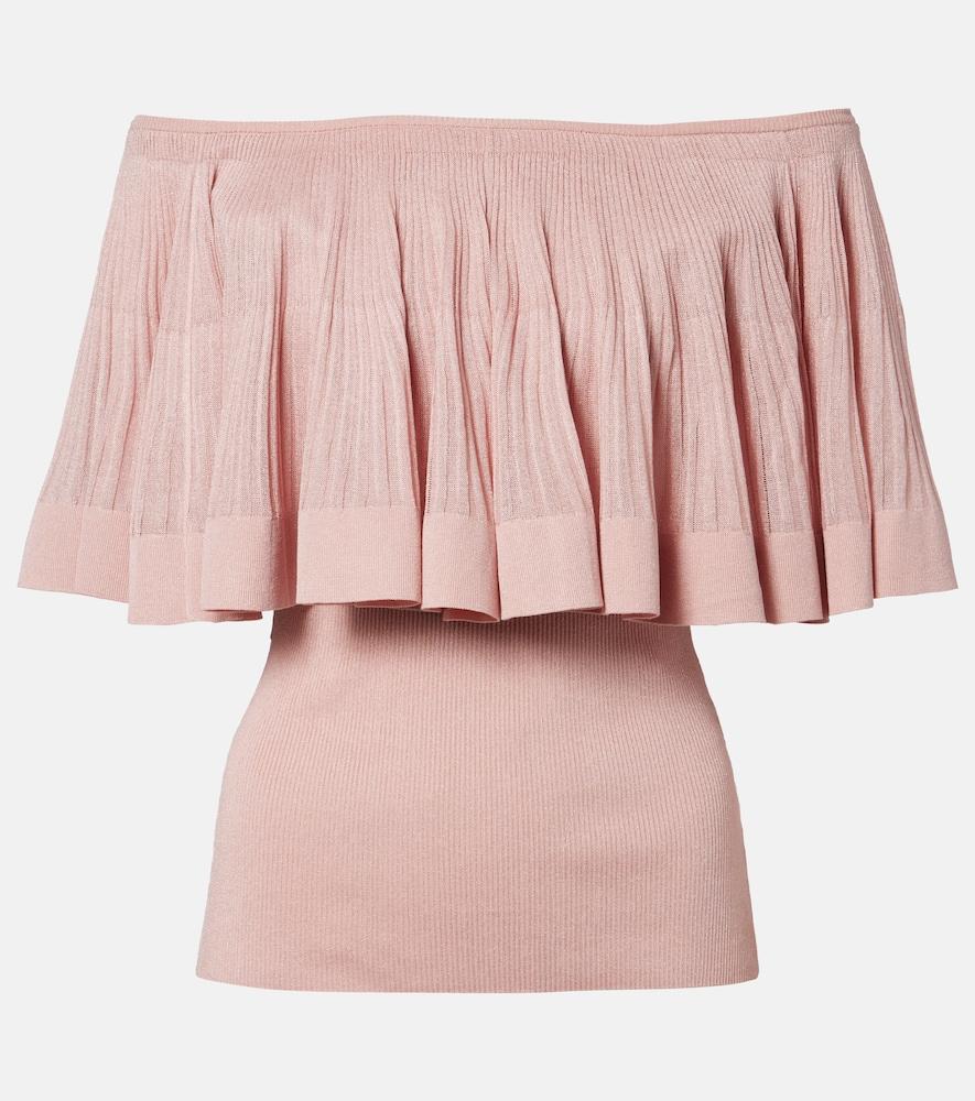 zimmermann luna knitted ruffled off-shoulder top